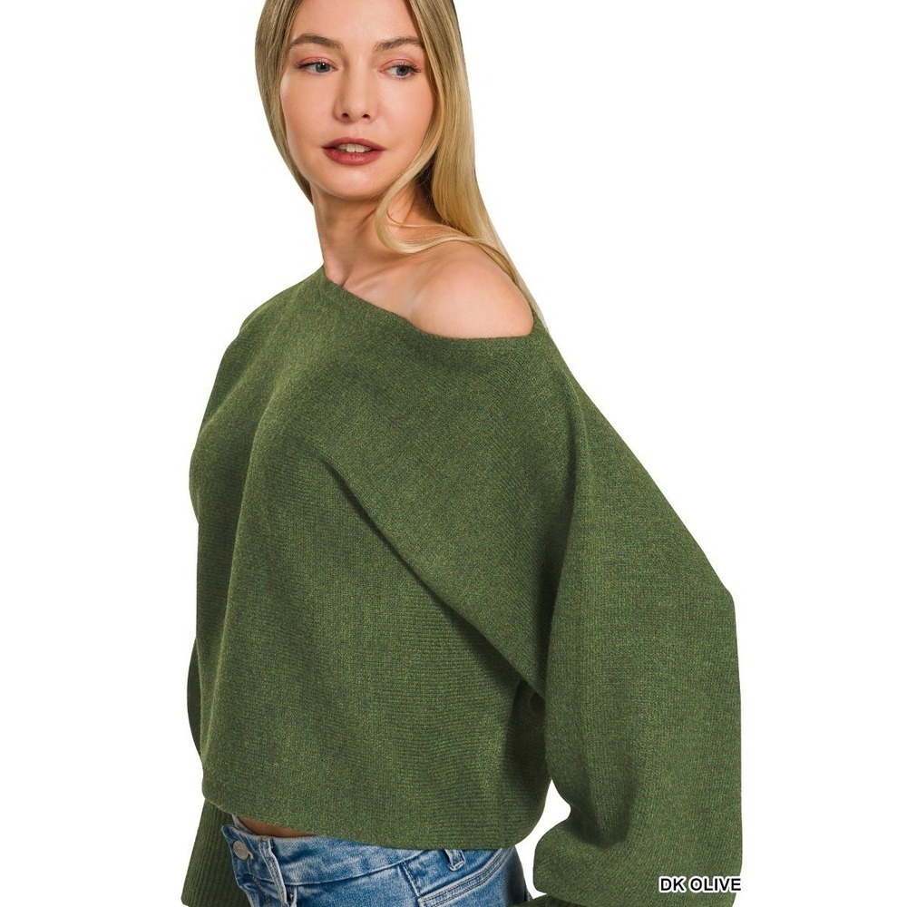 Zenana Boat Neck Balloon Sleeve Sweater - Dk Olive - Small - Picture 5 of 9